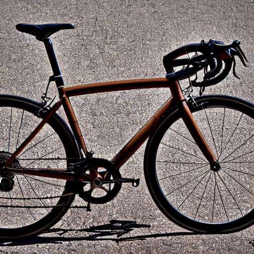 Image similar to modern road bicycle made of chocolate, melting in the sun, high detail sports photography