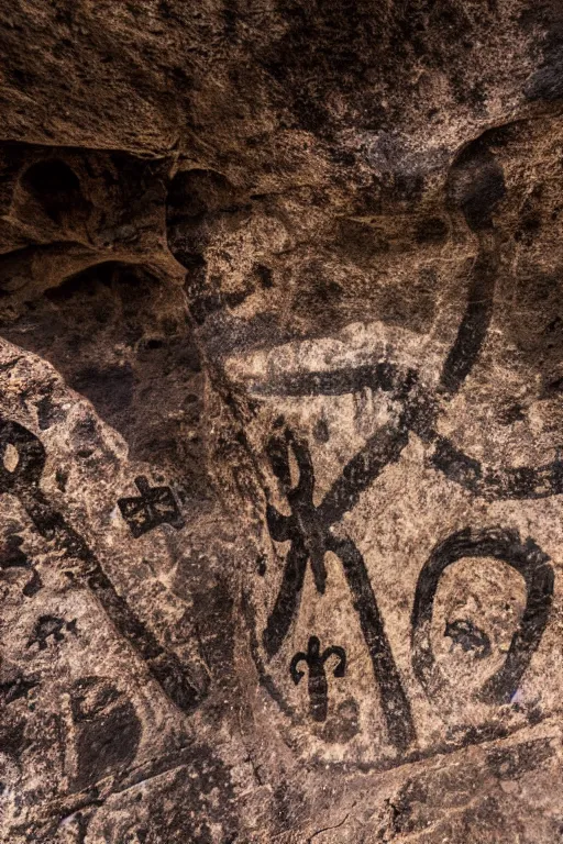 Image similar to 4 k photography of petroglyphs representing crosses, ufo, wifi symbol on a cave