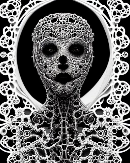 Image similar to surreal black and white photo portrait of complex biomechanical beautiful young female vegetal-cyborg with a mandelbrot fractal metal fine lace face, silver hair, 150 mm lens, soft rim light, fine metal floral foliage super big lace collar by Alexander McQueen, high fashion, haute couture, rococo, steampunk, silver filigree details, anatomical, facial muscles, cable wires, microchip, elegant, hyper realistic, octane render, unreal engine, in the style of Man Ray, by Dora Maar, volumetric lighting, 8k,