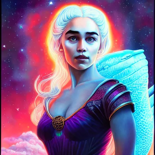 Image similar to cosmic stunning lofi daenerys targaryen portrait, queen of dragons, fire flaming dragon serpent, Pixar style, by Tristan Eaton Stanley Artgerm and Tom Bagshaw.