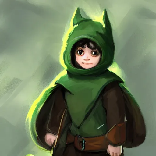 Prompt: a concept art of a cute hobbit boy wearing a dark green cloak with a hood that has fox ears on it holding a fox, trending on artstation, digital art, dungeons and dragons, realistic, Anime