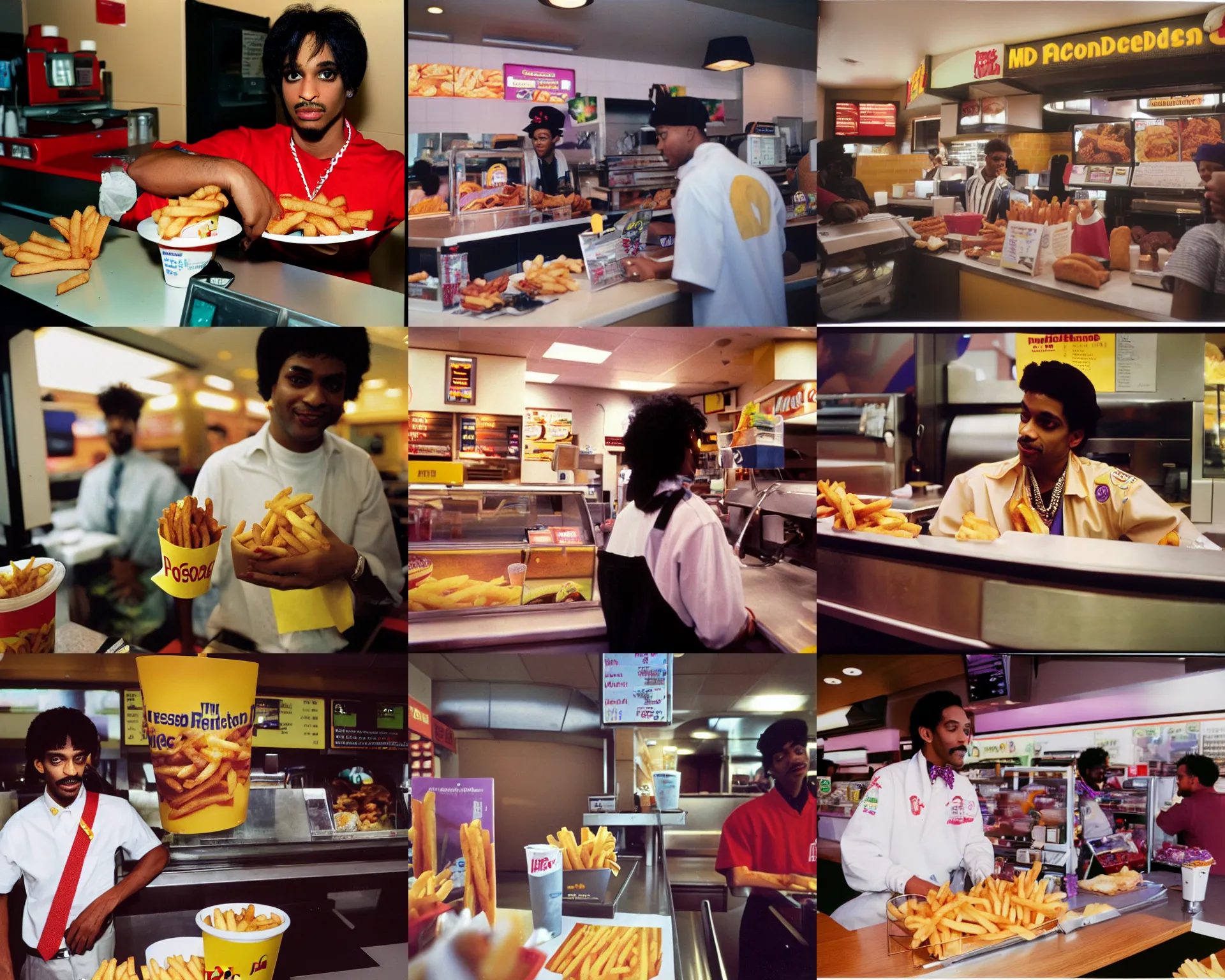 Prompt: prince rogers nelson, behind the counter at mcdonalds asking if you want fries with that, portra 4 0 0