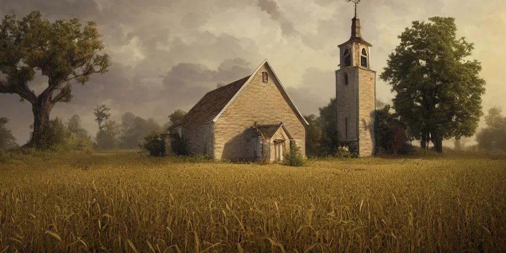 Prompt: landscape of a little old white country church down a long and winding road through a corn field in an old timey place with a few cypress trees, art by artgerm and greg rutkowski and alphonse mucha, concept art, octane render, unreal engine 5, highly detailed, high quality, 8 k, soft lighting, realistic face, path traced