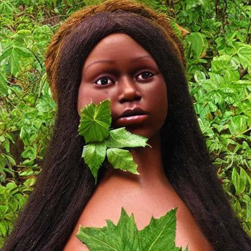 Prompt: dark skinned woman makes a living doll out of leaves and wool, by howard david johnson