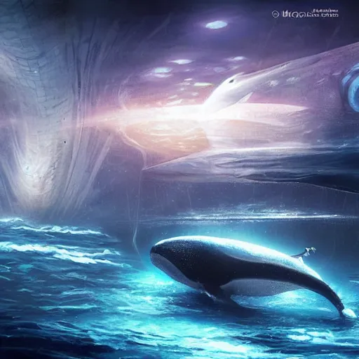 Image similar to a city under the ocean on an alien world, and a whale who feels disconnected from it wistfully watching a spaceship fly away, sci-fi digital art,