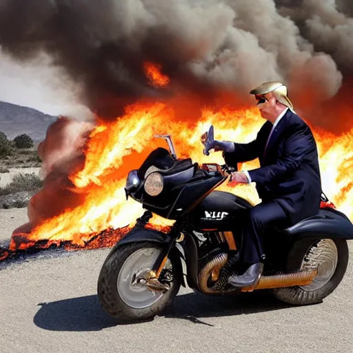 Image similar to Donald trump in a fire-y landscape, riding a motorbike without the helmet on