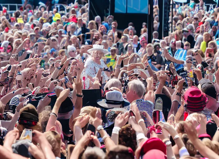Prompt: photo still of queen elizabeth on stage at vans warped tour!!!!!!!! at age 7 0 years old 7 0 years of age!!!!!!! in the mosh pit, 8 k, 8 5 mm f 1. 8, studio lighting, rim light, right side key light