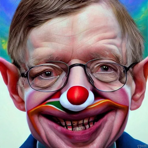 Image similar to UHD hyperrealism painting of Stephen Hawking wearing clown makeup, clown costume, correct clown face, correct clown makeup, by Antonio Caparo and Ferdinand Knab and Greg Rutkowski, UHD, photorealistic, trending on artstation, trending on deviantart, correct face, realistic clown makeup