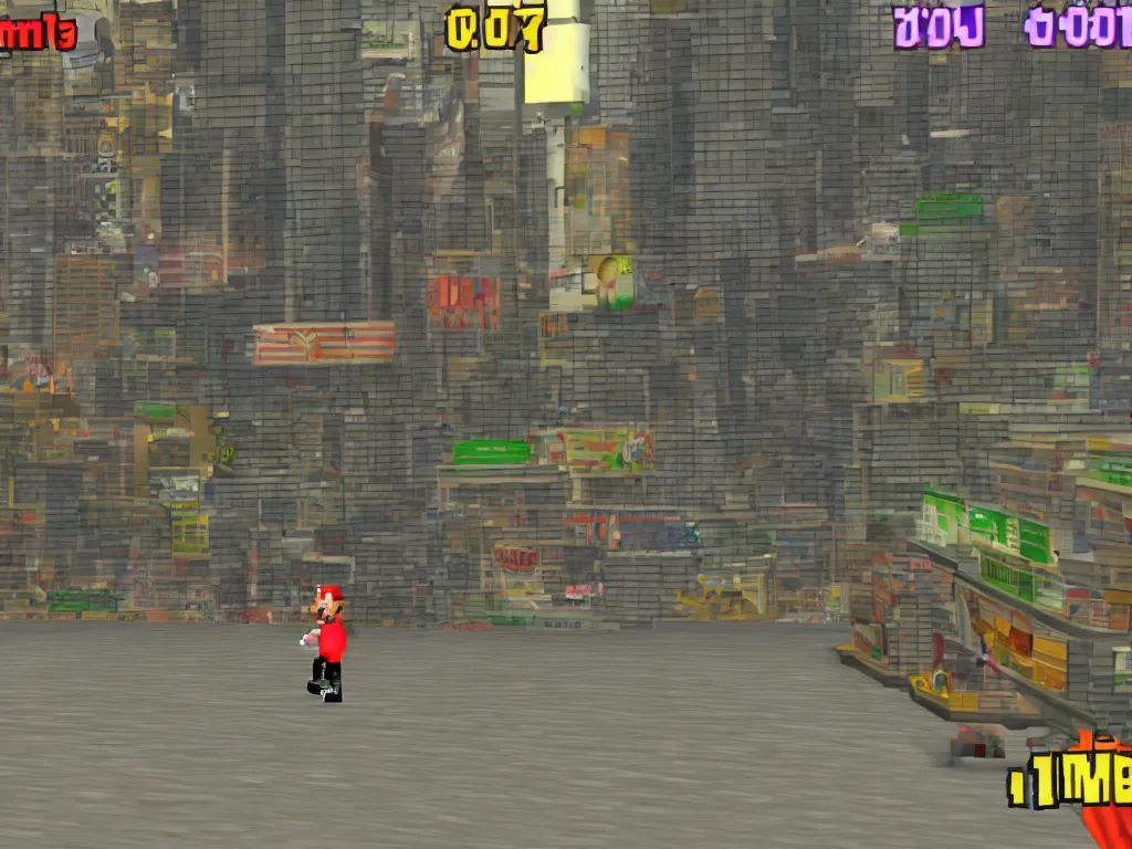 Prompt: Nintendo 64 game screenshot, a man walking in a city