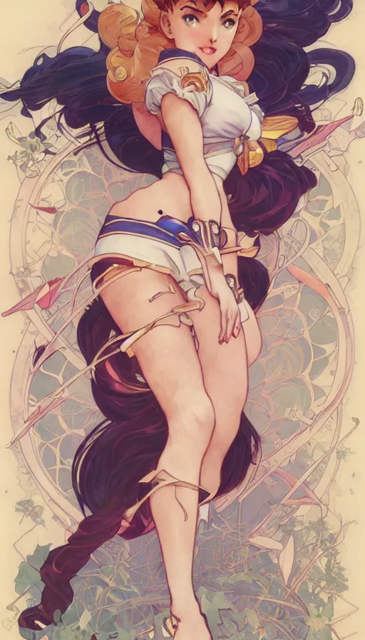 Image similar to sailor moon in a cute pinup pose by artgerm, greg rutkowski and alphonse mucha, concept art, matte, intricate, full body, epic composition