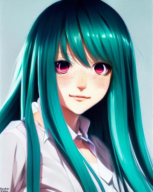 Image similar to portrait anime hatsune miku, cute - fine - face, pretty face, realistic shaded perfect face, fine details. anime. realistic shaded lighting by ilya kuvshinov giuseppe dangelico pino and michael garmash and rob rey, iamag premiere, aaaa achievement collection, elegant freckles, fabulous, eyes open in wonder