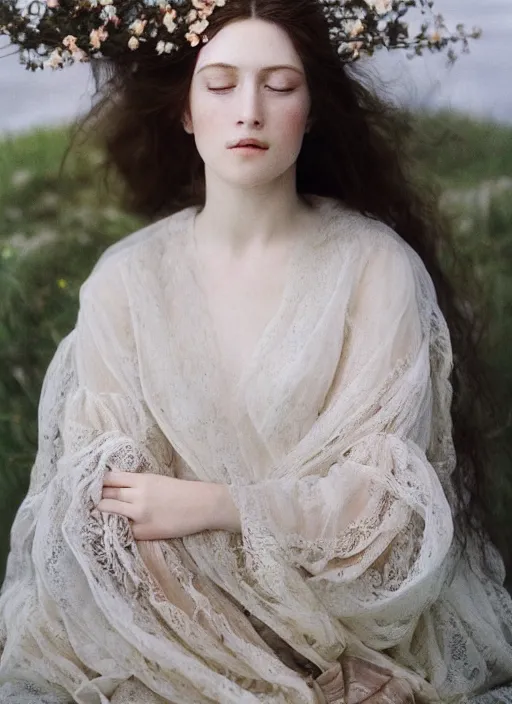 Image similar to Kodak Portra 400, 8K, soft light, volumetric lighting, highly detailed, britt marling style 3/4, Close-up portrait photography of a beautiful woman how pre-Raphaelites a woman with her eyes closed is surrounded by water, she has a beautiful lace dress and hair are intricate with highly detailed realistic beautiful flowers , Realistic, Refined, Highly Detailed, natural outdoor soft pastel lighting colors scheme, outdoor fine art photography, Hyper realistic, photo realistic