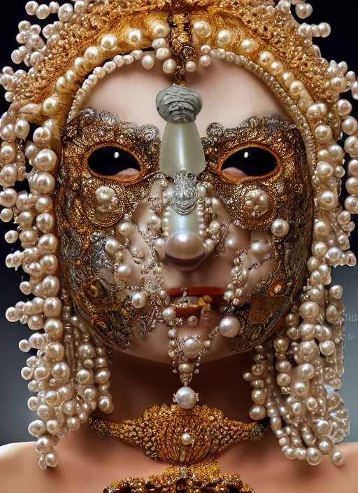 Image similar to hyperrealism, detailed textures, award winning autochrome portrait photo, symetrical japanese pearl beautiful medusa queen autochrome pearl portrait, pearl silverplate, intricate, detailed facial pearl scary animal mask, pearl, golden jewelery, silverplate, ultra realistic, cinematic, intricate, cinematic light by steve mccurry, unreal engine 8 k