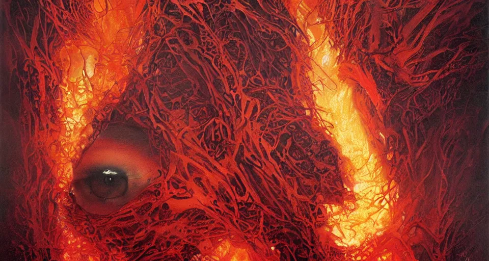 Prompt: a volcano made of ivory vines and crimson rocks enters in eruption, it spits a smoke in the shape of demonic eye, by Karol Bak