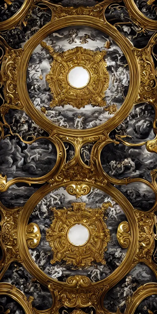 Prompt: the source of future growth dramatic, elaborate emotive Golden Baroque and Rococo styles to emphasise beauty as a transcendental, seamless pattern, symmetrical, large motifs, sistine chapel ceiling, 8k image, supersharp, Gold blue black and white, 3D, no blur, sharp focus, photorealistic, insanely detailed and intricate, cinematic lighting, Octane render, epic scene, 8K