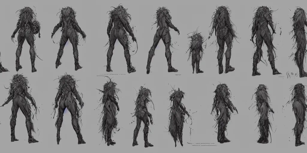 Image similar to character rear view detail designs, Milo Manara, Greg Rutkowski, character sheet, Darek Zabrocki, Karlkka, Jayison Devadas, Phuoc Quan, trending on Artstation, 8K, ultra wide angle, pincushion lens effect