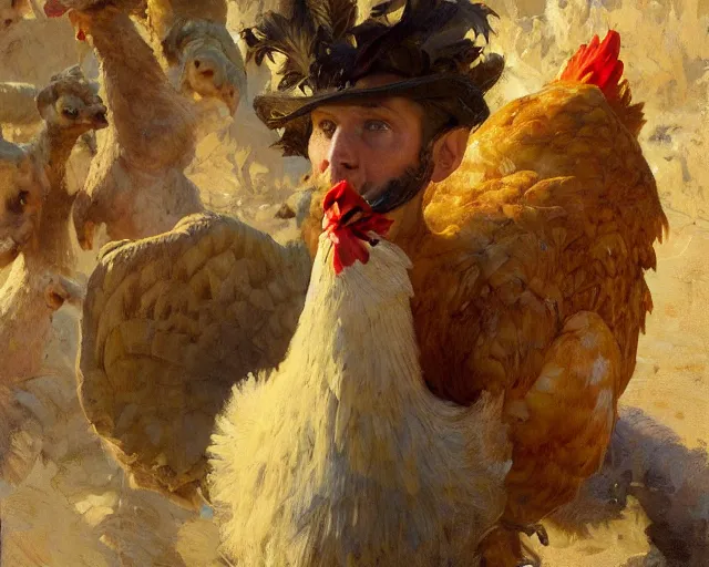 Prompt: a man dressed as a chicken, highly detailed painting by gaston bussiere, craig mullins, j. c. leyendecker 8 k