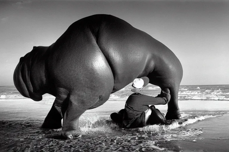 Prompt: very old black and white photography of a huge massive hippo on the beach