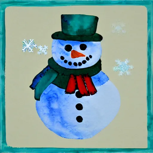 Prompt: mixed media winter snowman icon collage illustration in soft watercolor style, ice blue cold hues