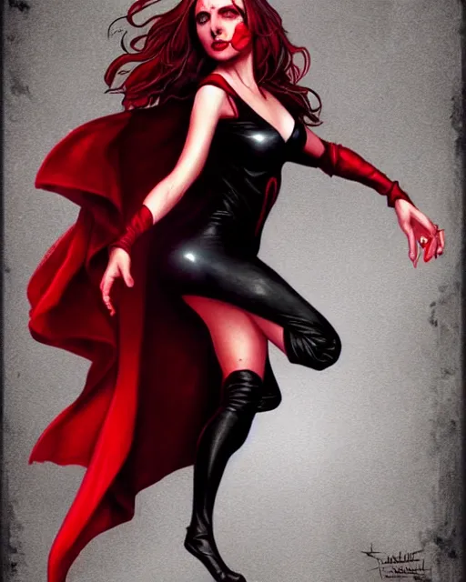 Image similar to Scarlet witch outfit Sarah Michelle Gellar, black magic, realistic character concept, full body, scary pose, comic book, illustration,;cinematic lighting, high resolution, Charlie Bowater, Norman Rockwell, symmetrical eyes, single face, insanely detailed and intricate, beautiful