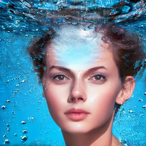 Image similar to water artwork manipulation in the shape of a beautiful female head, on the ocean water, ray tracing, realistic water sharp focus, long shot, 8 k resolution, cinematic, surreal water art