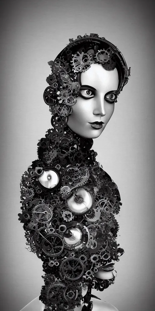 Image similar to black and white dreamy foggy smoky profile face portrait, one silver steampunk eye biomechanical beautiful young female - cyborg - robot bust, body ribs meshes,, volumetric light, hibiscus flowers, rim light, by dora maar and cecile beaton, big gothic fashion pearl embroidered collar, 8 k