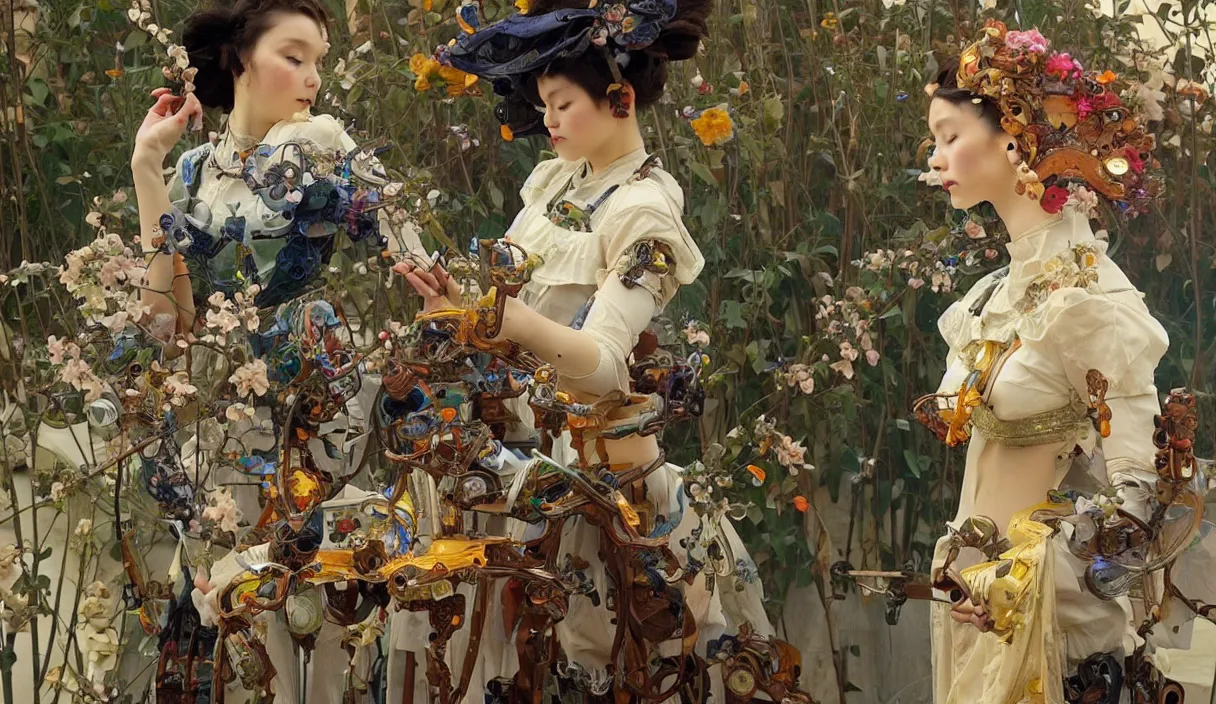 Image similar to Still of a humanoid robot creating art with painting, high detail, cinematic, art by tian zi and WLOP and alphonse mucha