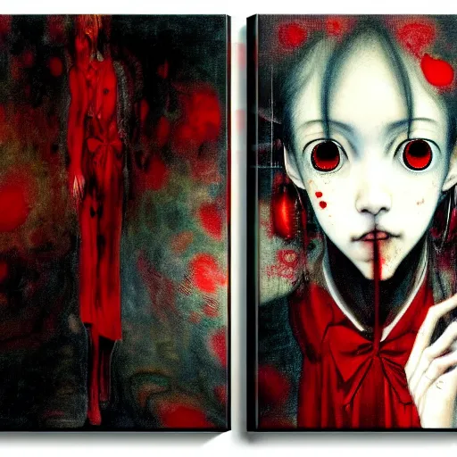 Image similar to yoshitaka amano blurred and dreamy realistic three quarter angle horror portrait of a sinister young woman with short hair, big earrings and red eyes wearing office suit with tie, junji ito abstract patterns in the background, satoshi kon anime, noisy film grain effect, highly detailed, renaissance oil painting, weird portrait angle, blurred lost edges