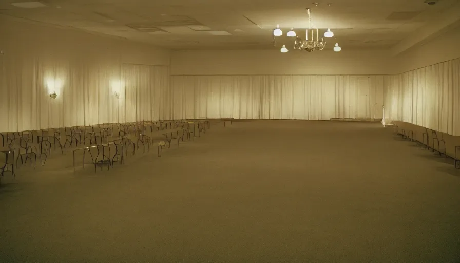 Image similar to 60s movie still of empty municipal ballroom with beds, cinestill 800t 50mm eastmancolor, liminal Space style, heavy grain-s 150