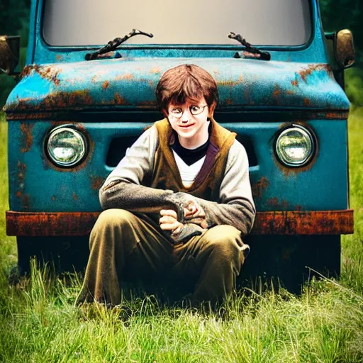 Image similar to harry potter as a natural light on an old truck in a field