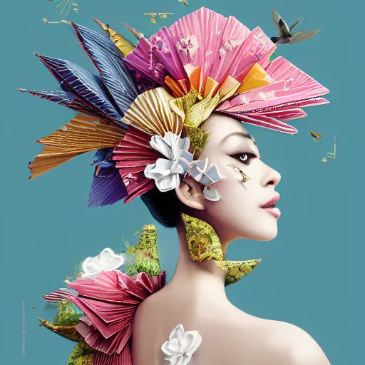 Prompt: 3 / 4 view of a beautiful girl wearing an origami dress, eye - level medium shot, fine floral ornaments in cloth and hair, hummingbirds, elegant, by eiko ishioka, givenchy, lisa frank, by peter mohrbacher, centered, fresh colors, origami, fashion, detailed illustration, vogue, high depth of field, japanese, reallusion character creator