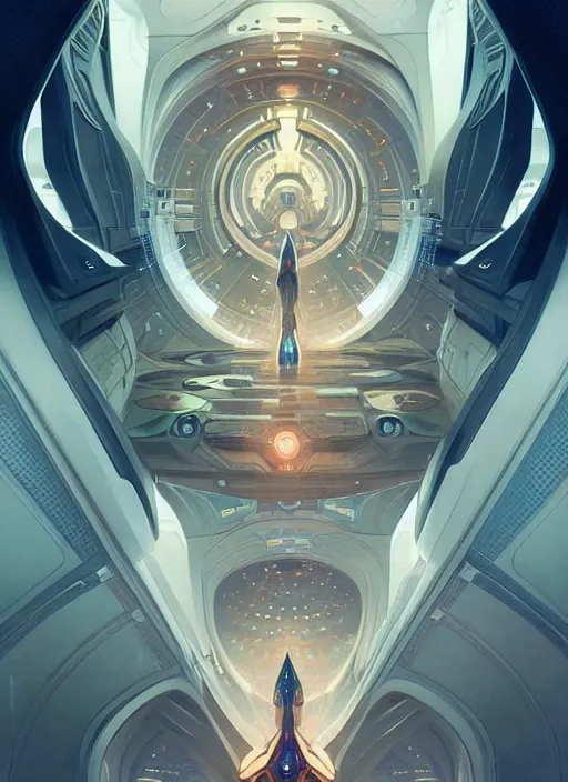 Image similar to symmetry, spaceship intricate, elegant, highly detailed, digital painting, artstation, concept art, smooth, sharp focus, illustration, art by artgerm and greg rutkowski and alphonse mucha