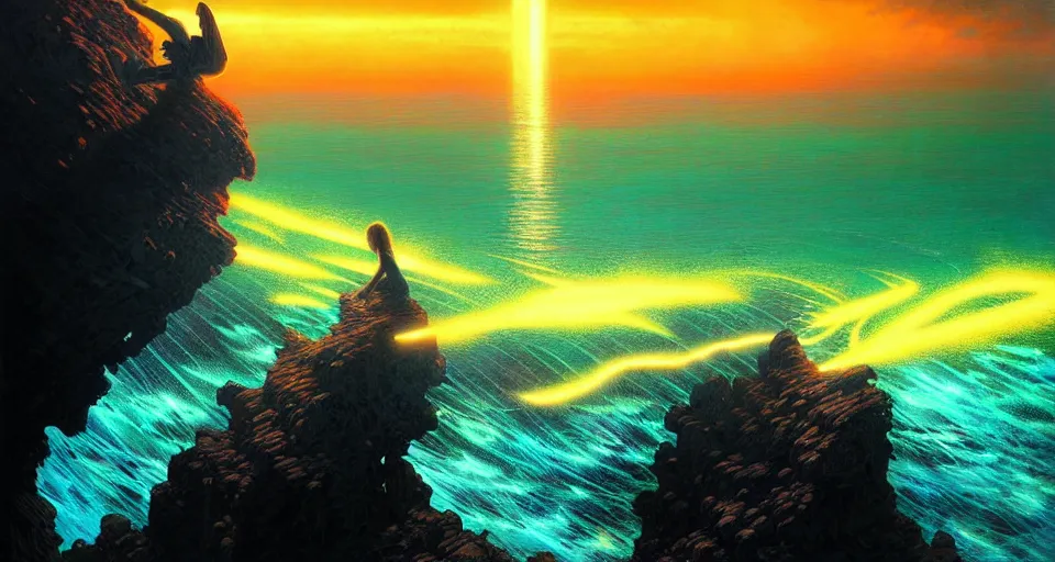 Image similar to psychedelic tron wings in front mind bending sunset, cliffside ocean scene, backlit, intricately aesthetic, surreal, diffuse lighting, hyper realistic, elegant, intricate, hyper detailed, smooth, sharp focus, concept art, illustration, trending on artstation, art by artem demura, greg rutkowski, james gurney, and alphonse mucha