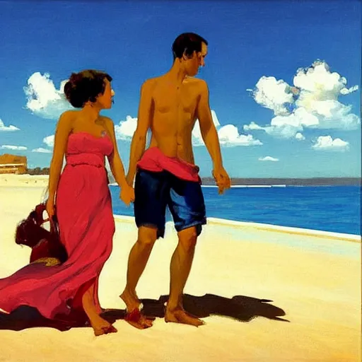 Image similar to a couple and a baby on a beach in sardinia, white sand, blue sky, summer, painting by jack vettriano