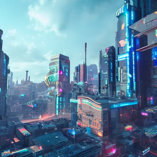 Image similar to cyberpunk city lviv, a lot of future technologies, flying cars, unreal engine, octane render, epic scale, cinema view, 8 k