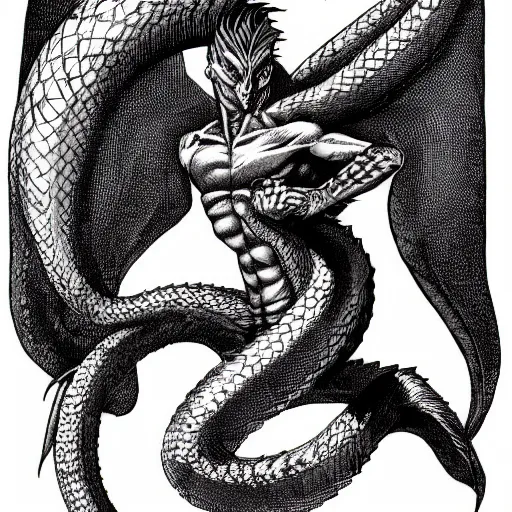 Image similar to a male naga, serpent body, kentaro miura art style