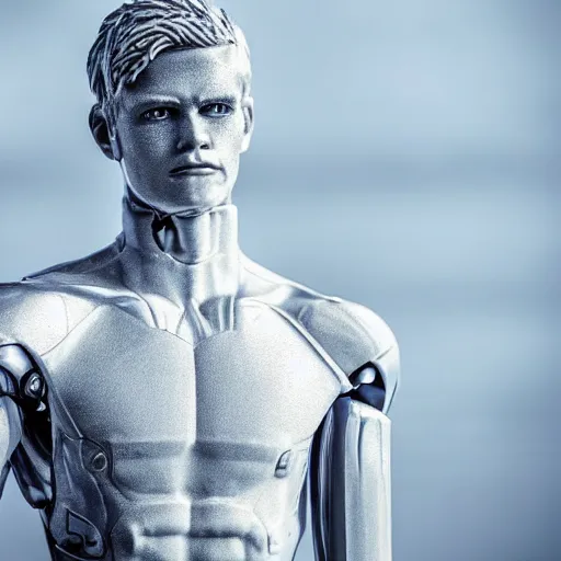 Image similar to a realistic detailed photo of a guy who is an attractive humanoid who is half robot and half humanoid, who is a male android, soccer player martin ødegaard, shiny skin, posing like a statue, blank stare, by the pool, on display, showing off his muscles, humanoid robot, frozen ice statue