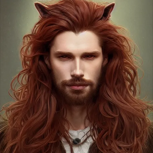 Image similar to portrait of a wolf, male, handsome, masculine, full body, red hair, long hair, soft hair, fantasy, intricate, elegant, highly detailed, suit, coffee shop, digital painting, artstation, concept art, character art, smooth, sharp focus, illustration, art by artgerm and greg rutkowski and alphonse mucha