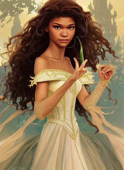 Prompt: beautiful zendaya as tiana princess disney, intricate, elegant. highly detailed, digital painting, artstation, concept art, smooth, sharp, focus, illustration, art by artgerm and greg rutkowski and alphonse mucha