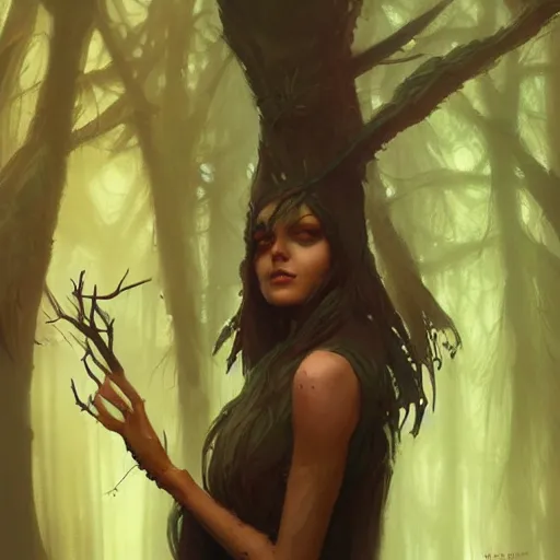 Prompt: a forest Witch in the style of Greg Rutkowski, realistic painting, Digital art, very detailed, High definition, trending on Artstation