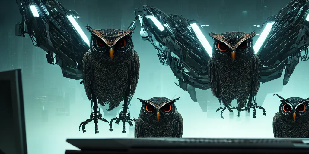 Image similar to an giant evil, malevolent, cyborg owls looking at a computer, surrounded by computer screens. this 4 k hd image is trending on artstation, featured on behance, well - rendered, extra crisp, features intricate detail and the style of unreal engine. volumetric lighting octane render