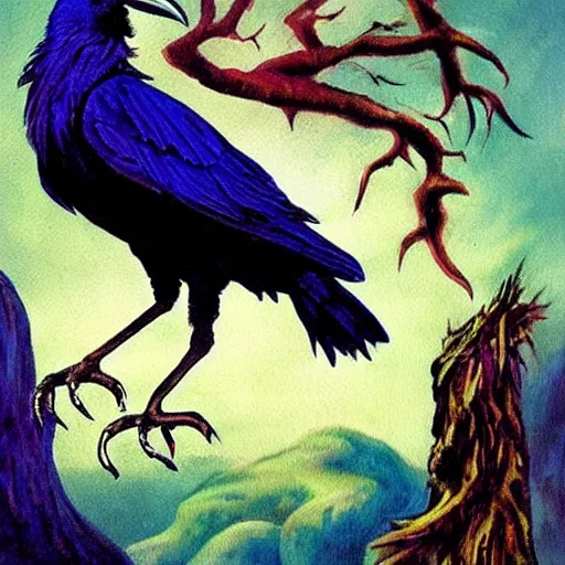 Image similar to fantasy painting of a raven by dr seuss | horror themed | creepy