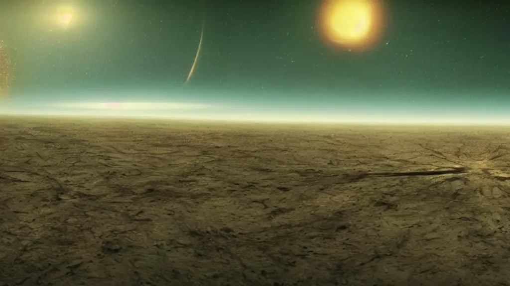 Image similar to a view of a simulated universe from outside the simulation, film still from the movie directed by Denis Villeneuve with art direction by Salvador Dalí, wide lens