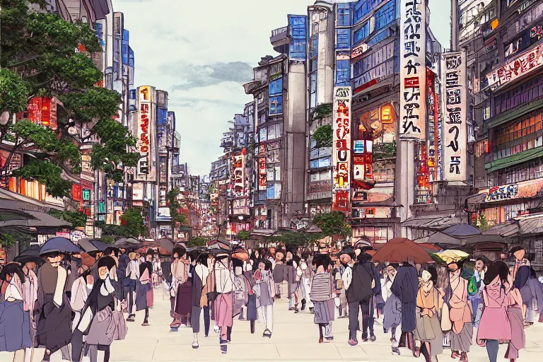 Prompt: Shibuya with traditional Japanese architecture, scene from a Studio Ghibli film, digital painting, concept art by Hayao Miyazaki