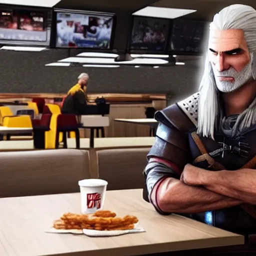 Prompt: geralt working in mcdonalds, movie still, dslr