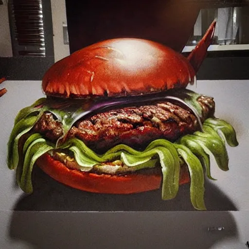 Image similar to hyper realistic hamburger as a xenomorph, painted by greg rutkowski, unreal engine,