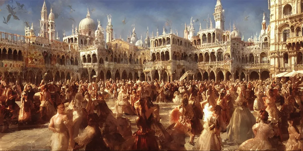 Prompt: Renaissance Venice in summer, fantasy, festivities, dancing people in the crowd, Matte Painting, evening, Craig Mullins