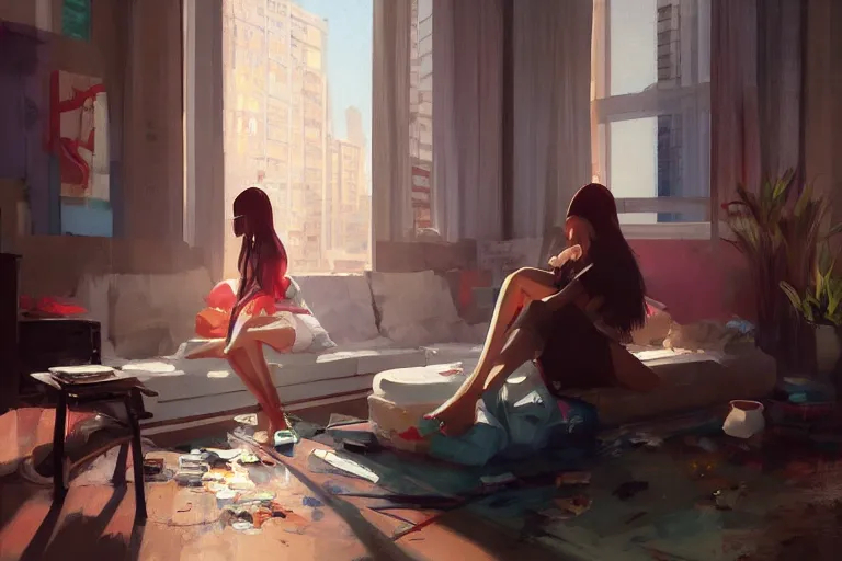 Image similar to A ultradetailed beautiful portrait panting of a stylish girl sitting in a messy modern apartment, bright sunny day, Oil painting, by Ilya Kuvshinov, Greg Rutkowski and Makoto Shinkai