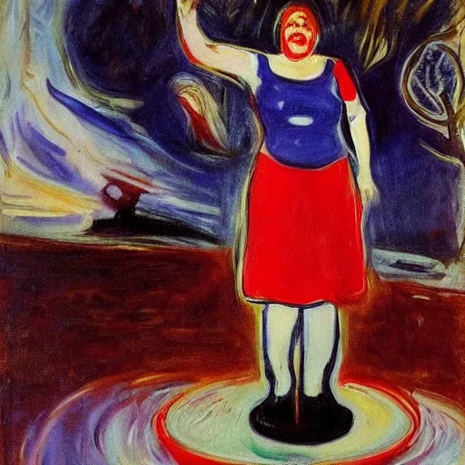 Prompt: Erna Solberg rising a unicycle oil canvas paining by Edvard Munch