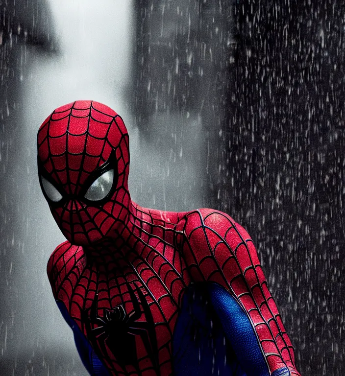 Prompt: cinematic of tobey maguire as spiderman, dramatic rain, 8 k, moody lighting